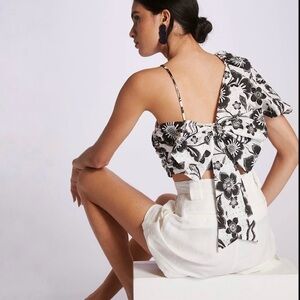 NWT Anthropologie Maeve One Shoulder Black White Floral Eyelet Bow Back Blouse